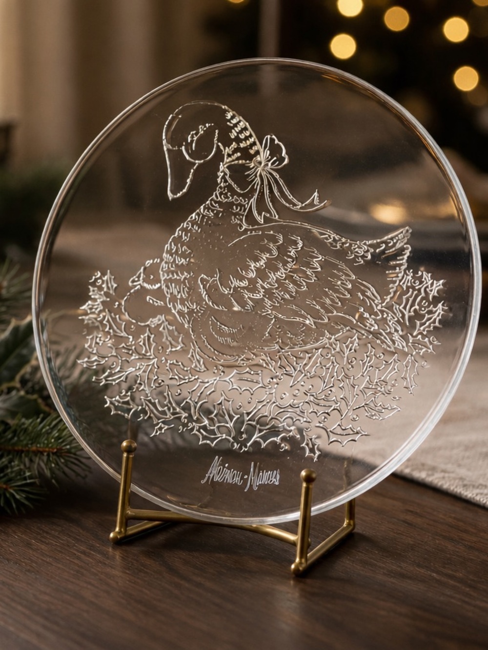 Neiman Marcus Luxury Glass Plate with Mother Goose & Young Holiday Motif 13 in